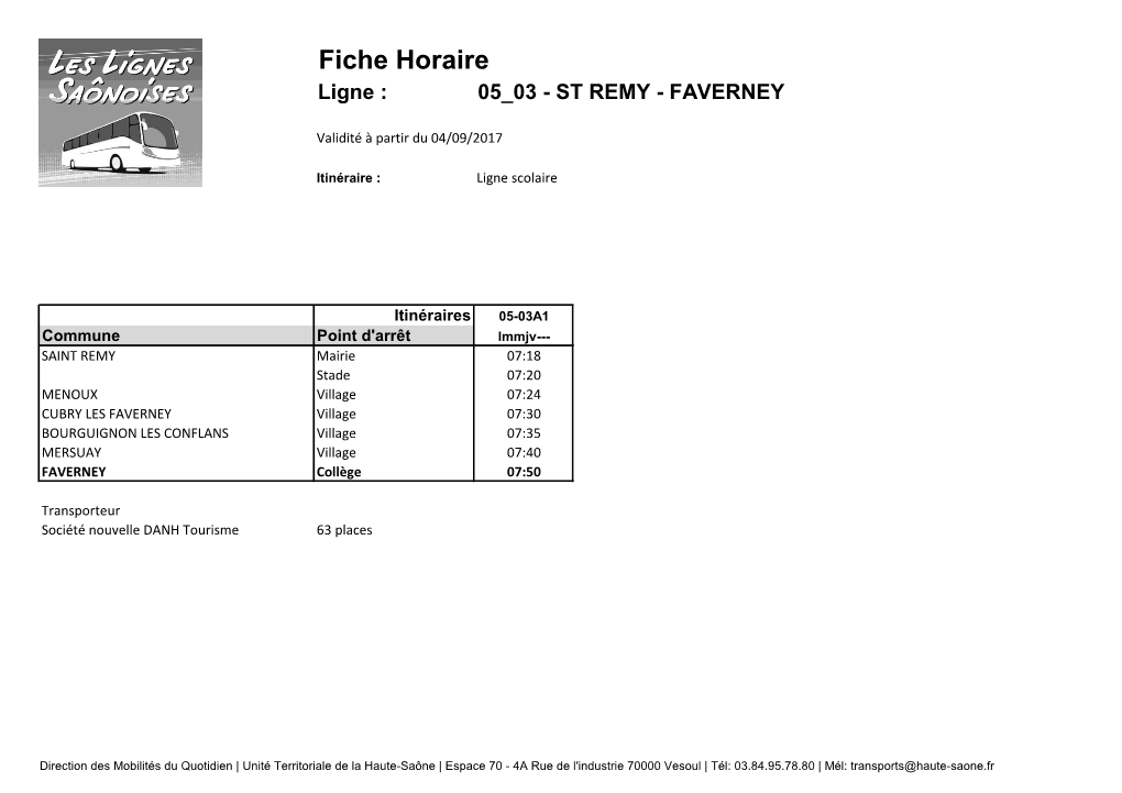 Fiche Horaire Ligne : 05 03 - ST REMY - FAVERNEY