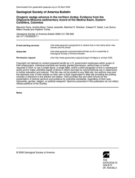 Geological Society of America Bulletin Orogenic Wedge Advance in the Northern Andes: Evidence from the Oligocene-Miocene Sedimen