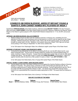 Cowboys Qb Drew Bledsoe, 49Ers Dt Bryant Young & Saints K John Carney Named Nfc Players of Week 1