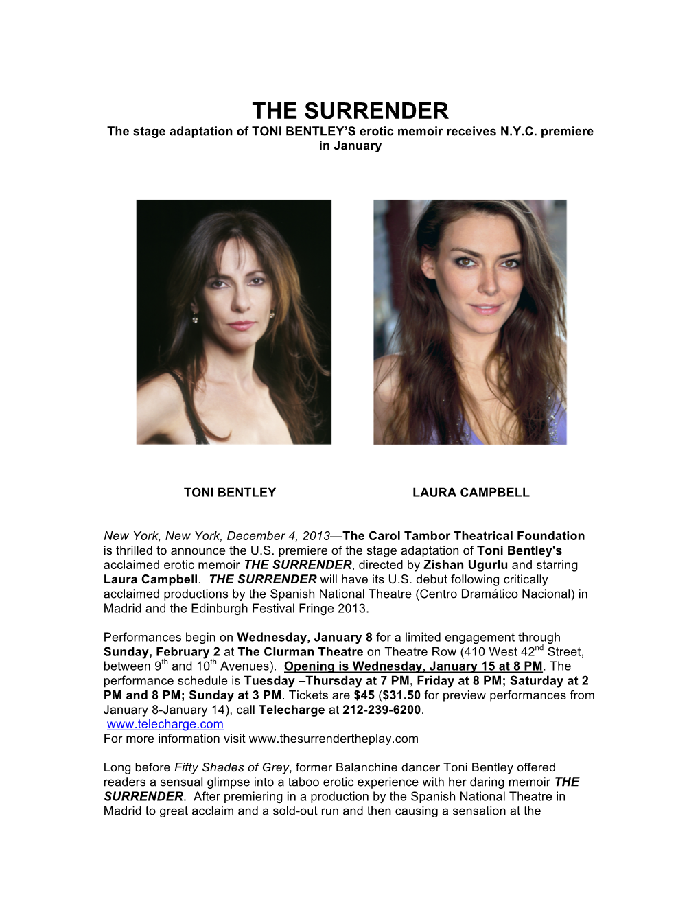 THE SURRENDER the Stage Adaptation of TONI BENTLEY’S Erotic Memoir Receives N.Y.C