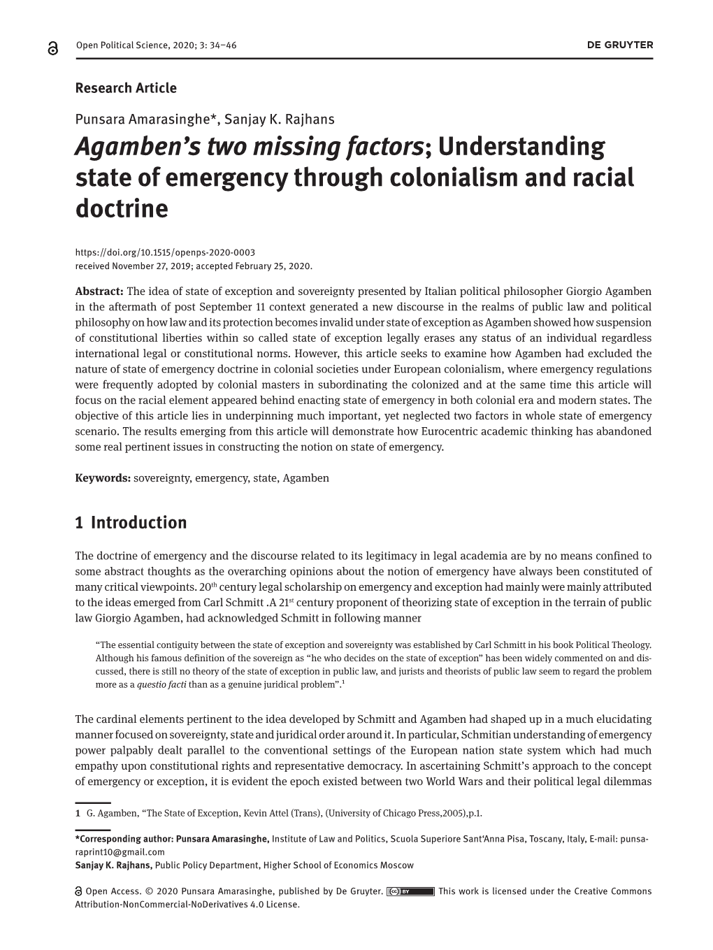 Agamben's Two Missing Factors; Understanding State of Emergency