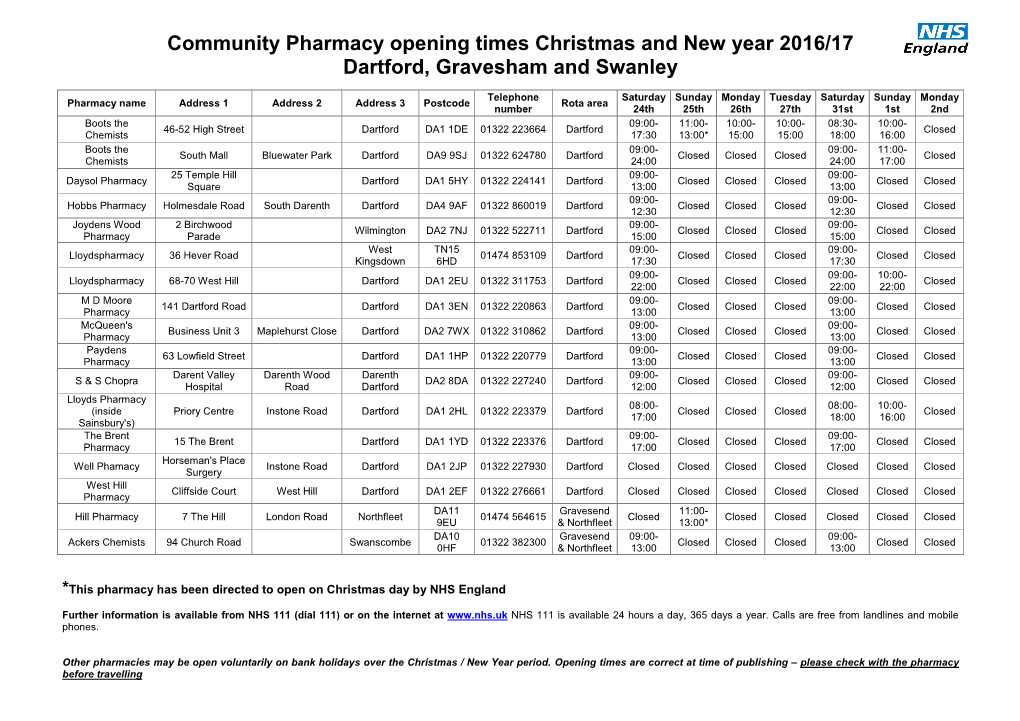 Community Pharmacy Opening Times Christmas and New Year 2016/17 Dartford, Gravesham and Swanley