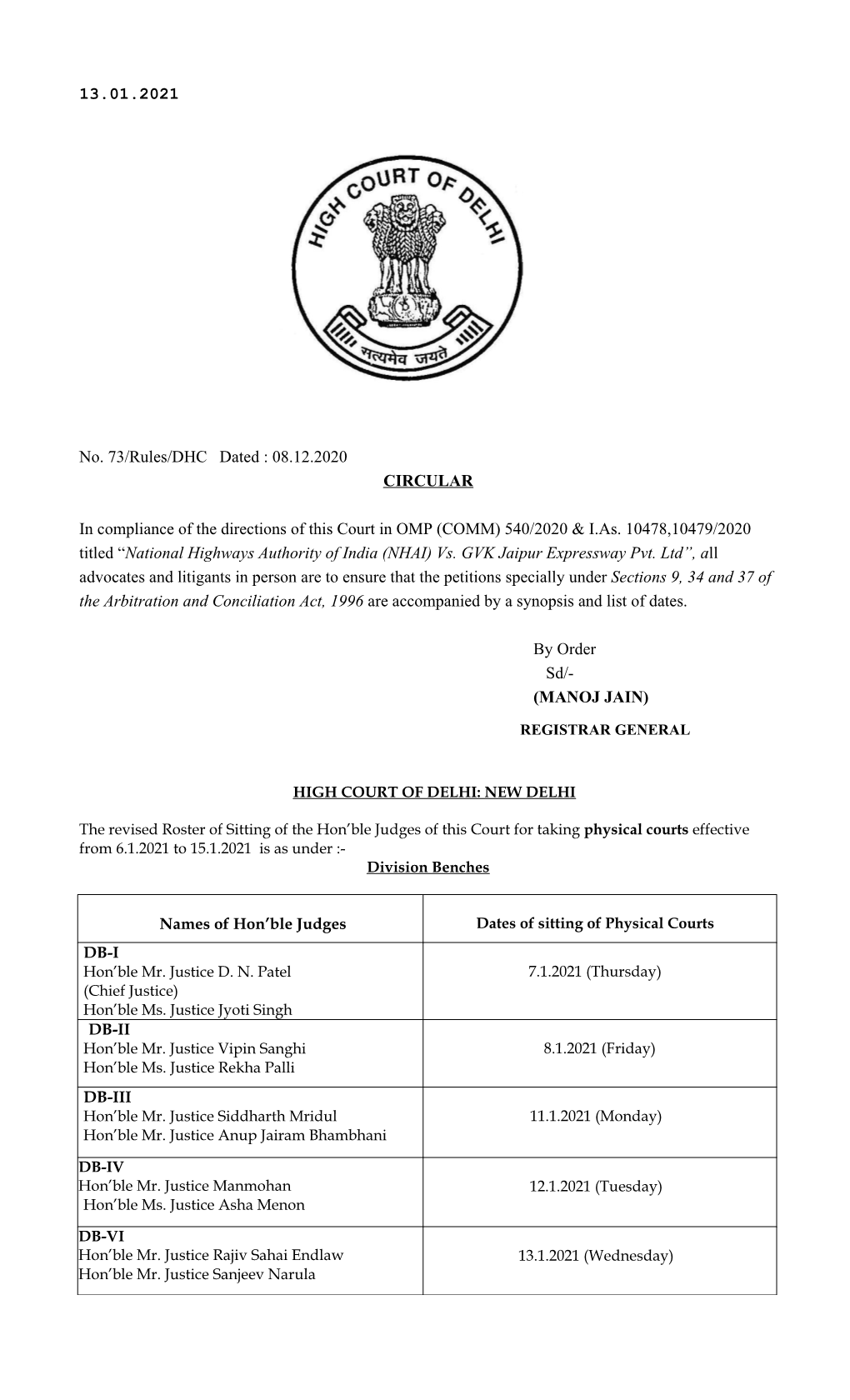 13.01.2021 No. 73/Rules/DHC Dated : 08.12.2020 CIRCULAR in Compliance of the Directions of This Court In