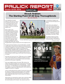 SPECIAL .COM OCTOBER Alcock Arabian: the Starting Point of All Gray Thoroughbreds by Joe Nevills