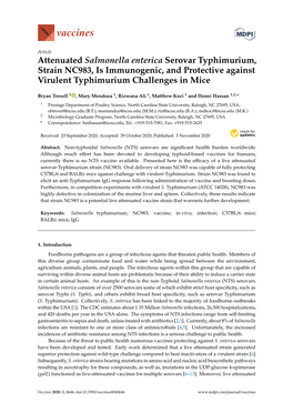 Attenuated Salmonella Enterica Serovar Typhimurium, Strain NC983, Is Immunogenic, and Protective Against Virulent Typhimurium Challenges in Mice
