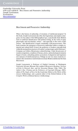 Ben Jonson and Possessive Authorship Joseph Loewenstein Frontmatter More Information