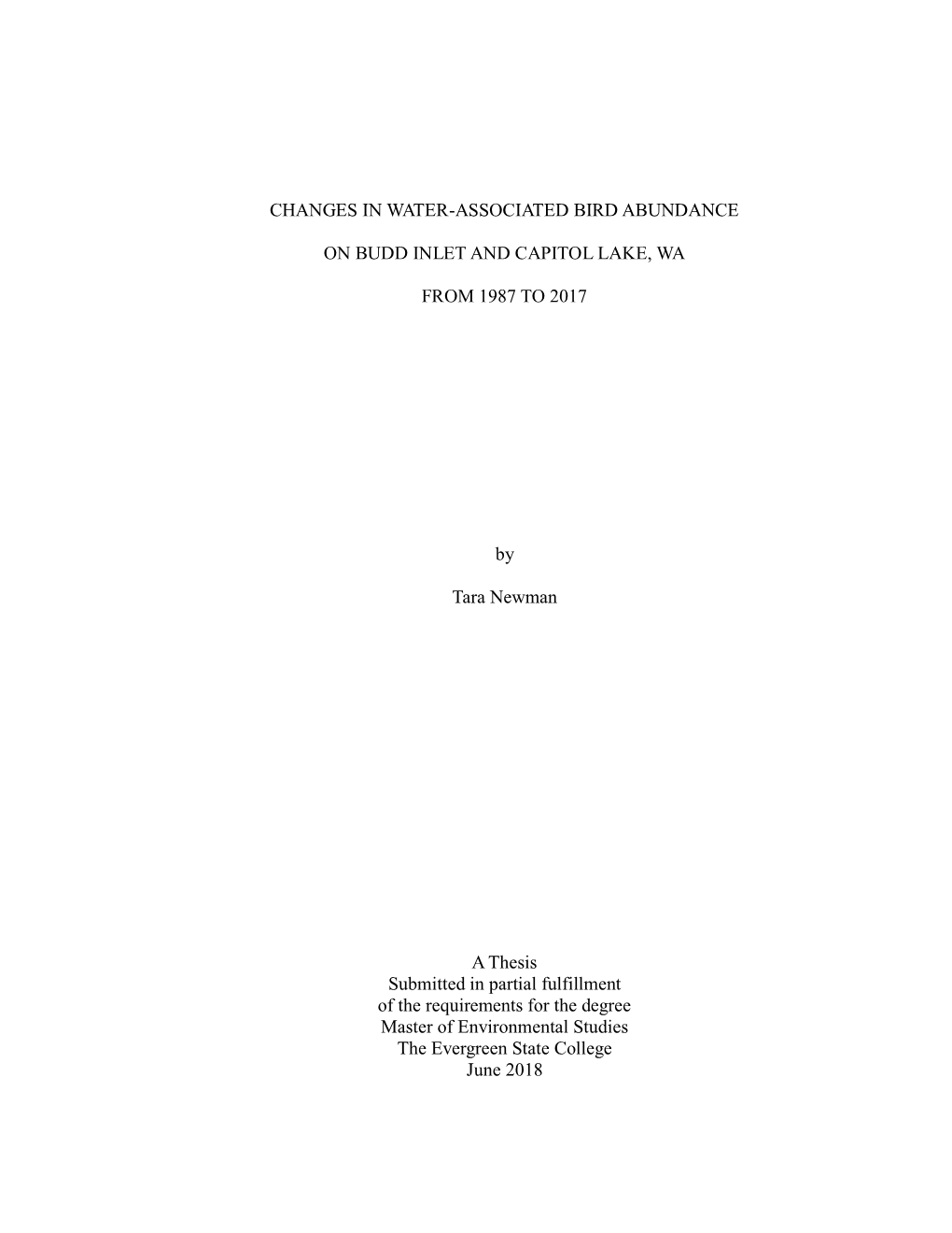 Changes in Water-Associated Bird Abundance on Budd Inlet and Capitol Lake, WA from 1987 to 2017