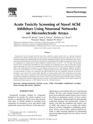 Acute Toxicity Screening of Novel Ache Inhibitors Using Neuronal Networks on Microelectrode Arrays Edward W