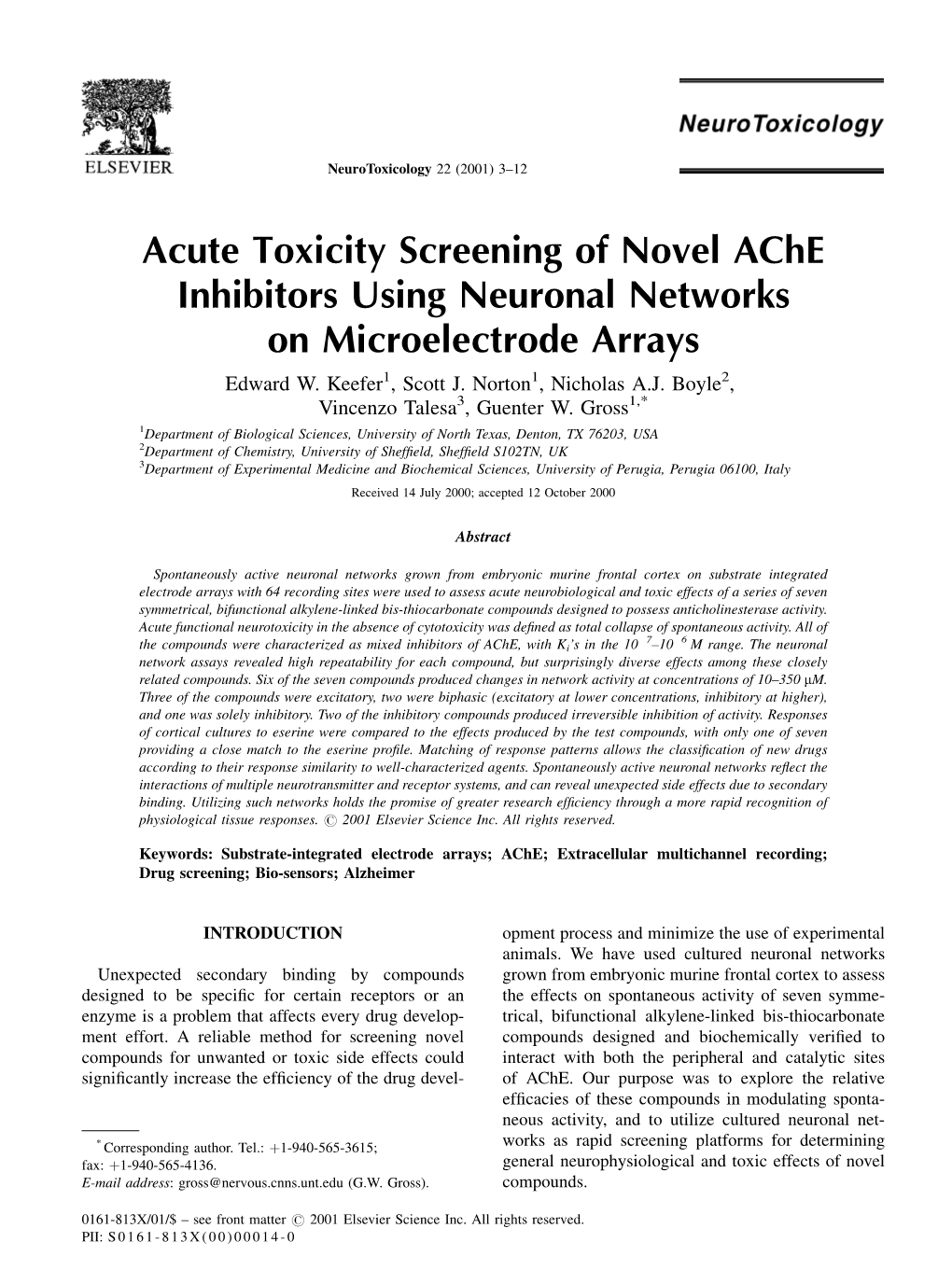 Acute Toxicity Screening of Novel Ache Inhibitors Using Neuronal Networks on Microelectrode Arrays Edward W
