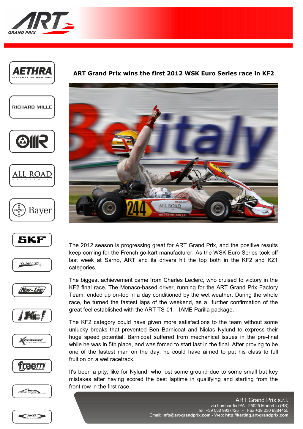 ART Grand Prix Wins the First 2012 WSK Euro Series Race in KF2