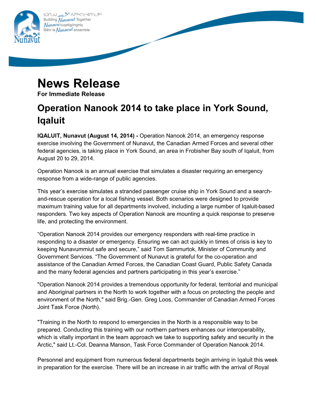 Operation Nanook 2014 to Take Place in York Sound, Iqaluit