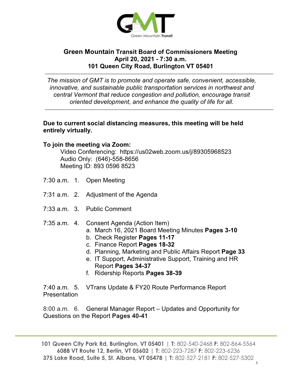 Green Mountain Transit Board of Commissioners Meeting April 20, 2021 - 7:30 A.M