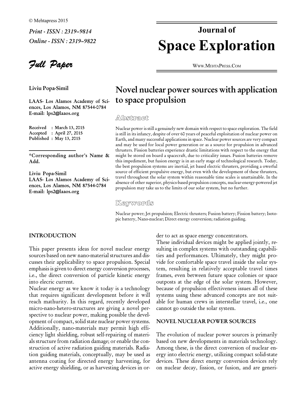 Novel Nuclear Power Sources with Application to Space Propulsion
