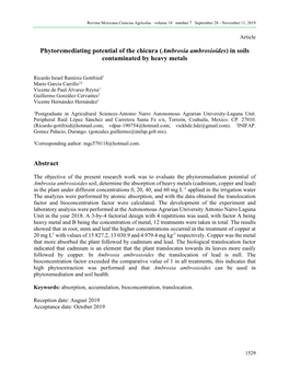 Phytoremediating Potential of the Chicura (Ambrosia Ambrosioides) in Soils Contaminated by Heavy Metals Abstract