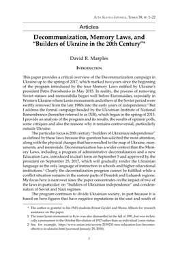 Decommunization, Memory Laws, and “Builders of Ukraine in the 20Th Century”*