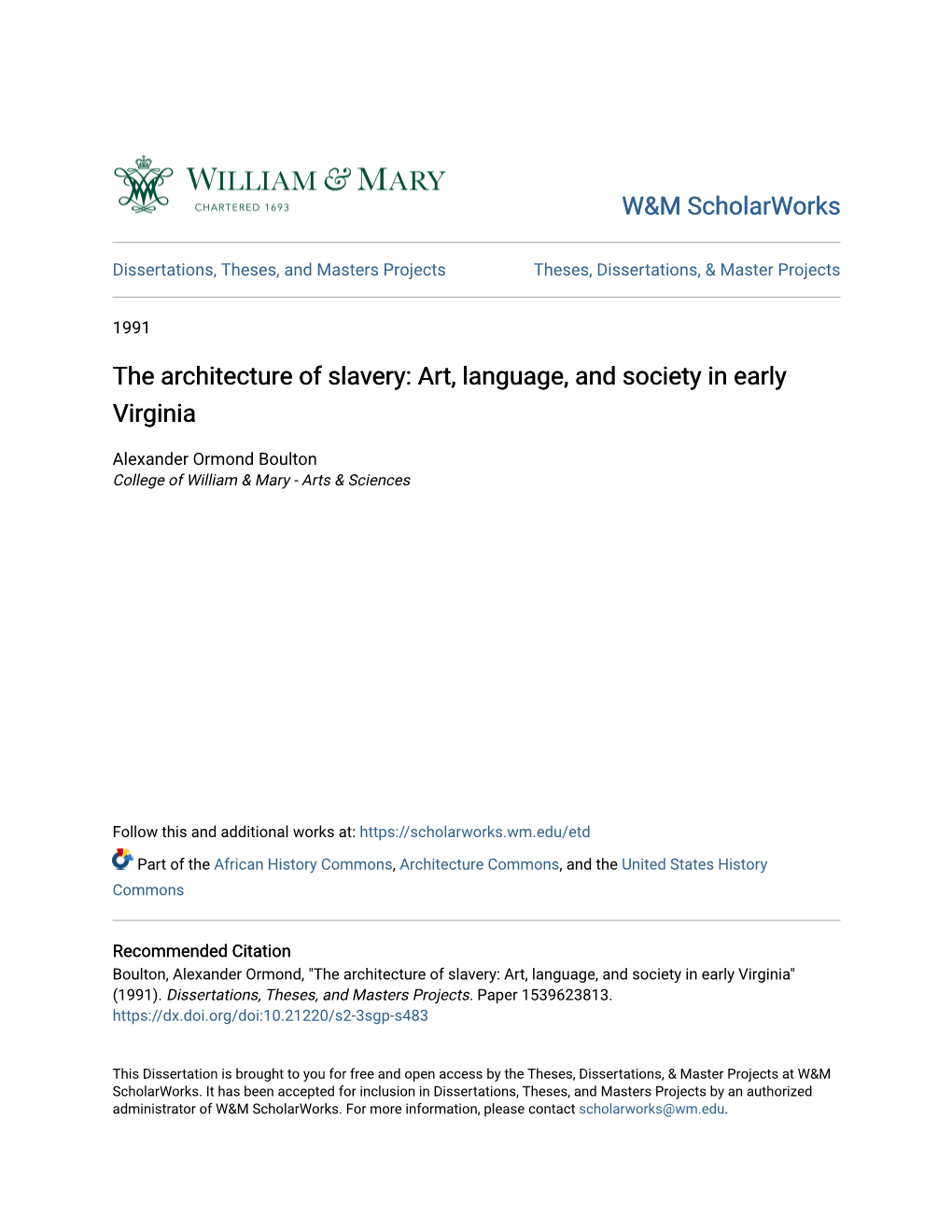 The Architecture of Slavery: Art, Language, and Society in Early Virginia