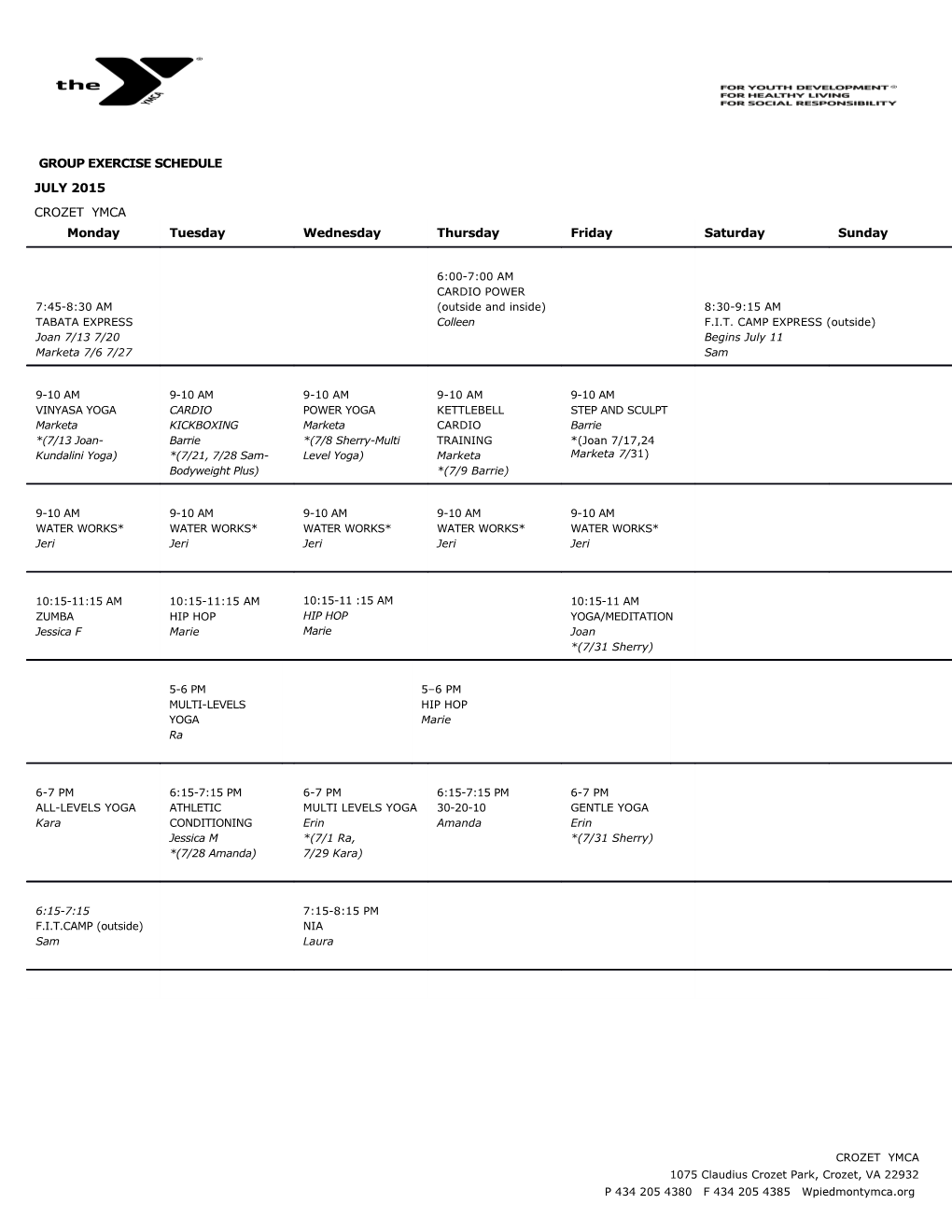 Group Exercise Schedule