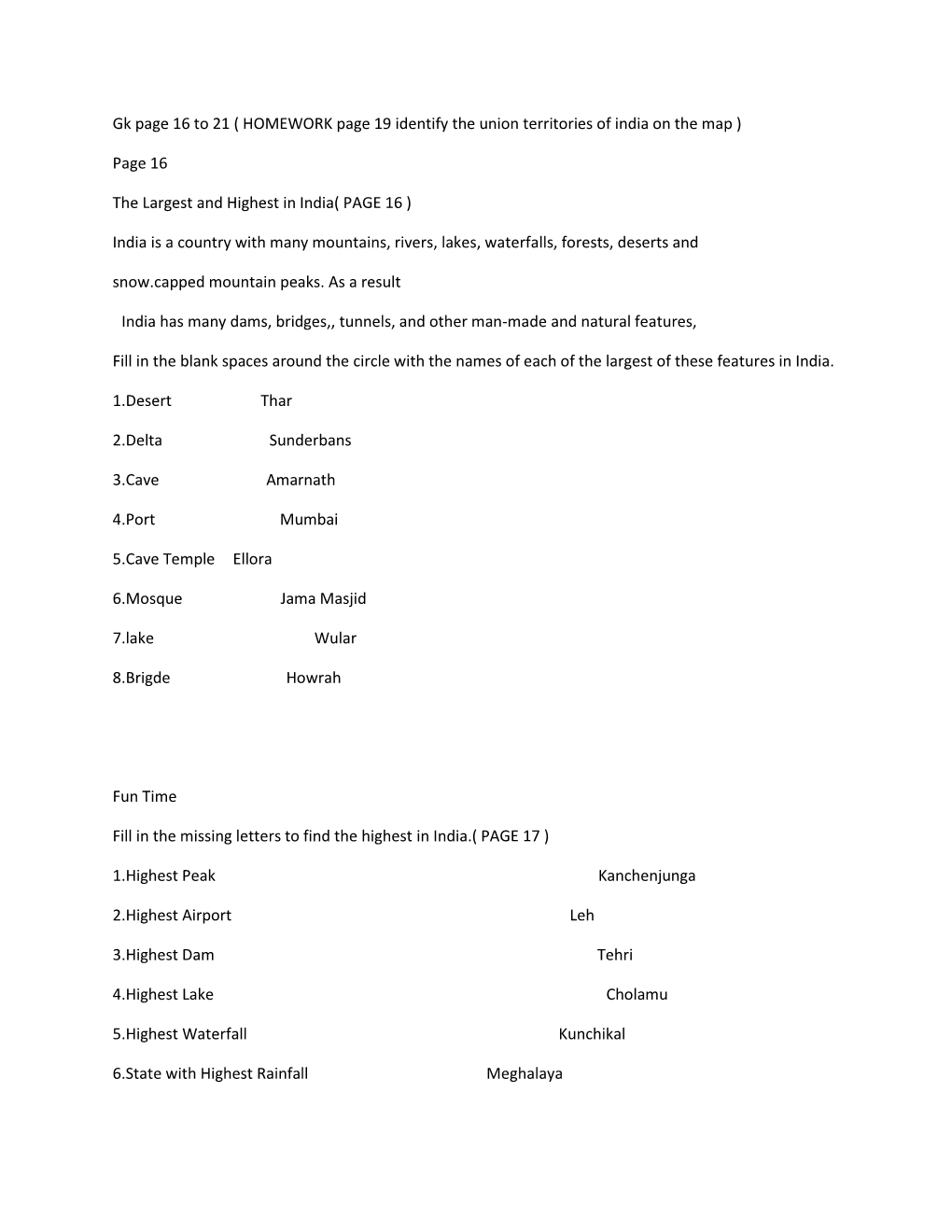 HOMEWORK Page 19 Identify the Union Territories of India on the Map )