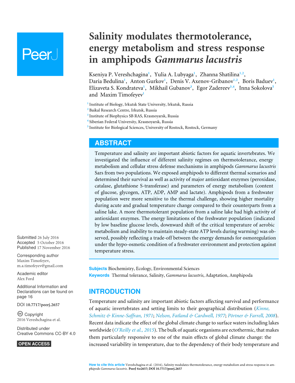 Salinity Modulates Thermotolerance, Energy Metabolism and Stress Response in Amphipods Gammarus Lacustris