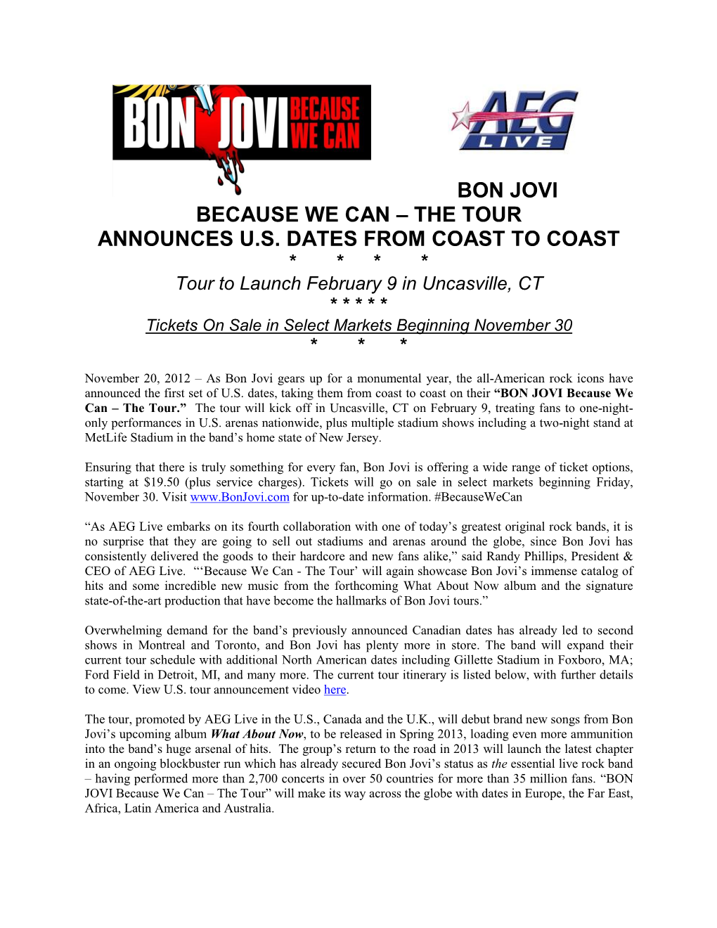Bon Jovi Because We Can – the Tour Announces U.S. Dates from Coast to Coast