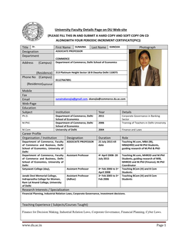 University Faculty Details Page on DU Web‐Site (PLEASE FILL THIS in and SUBMIT a HARD COPY and SOFT COPY on CD ALONGWITH YOUR PERIODIC INCREMENT CERTIFICATE(PIC))