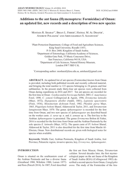 (Hymenoptera: Formicidae) of Oman: an Updated List, New Records and a Description of Two New Species