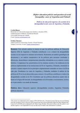 Higher Education Policies and Question of Social (In)Equality: Cases of Argentina and Finland1