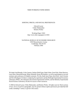 Nber Working Paper Series Sorting, Prices, and Social