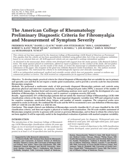 The American College of Rheumatology Preliminary Diagnostic Criteria for Fibromyalgia and Measurement of Symptom Severity