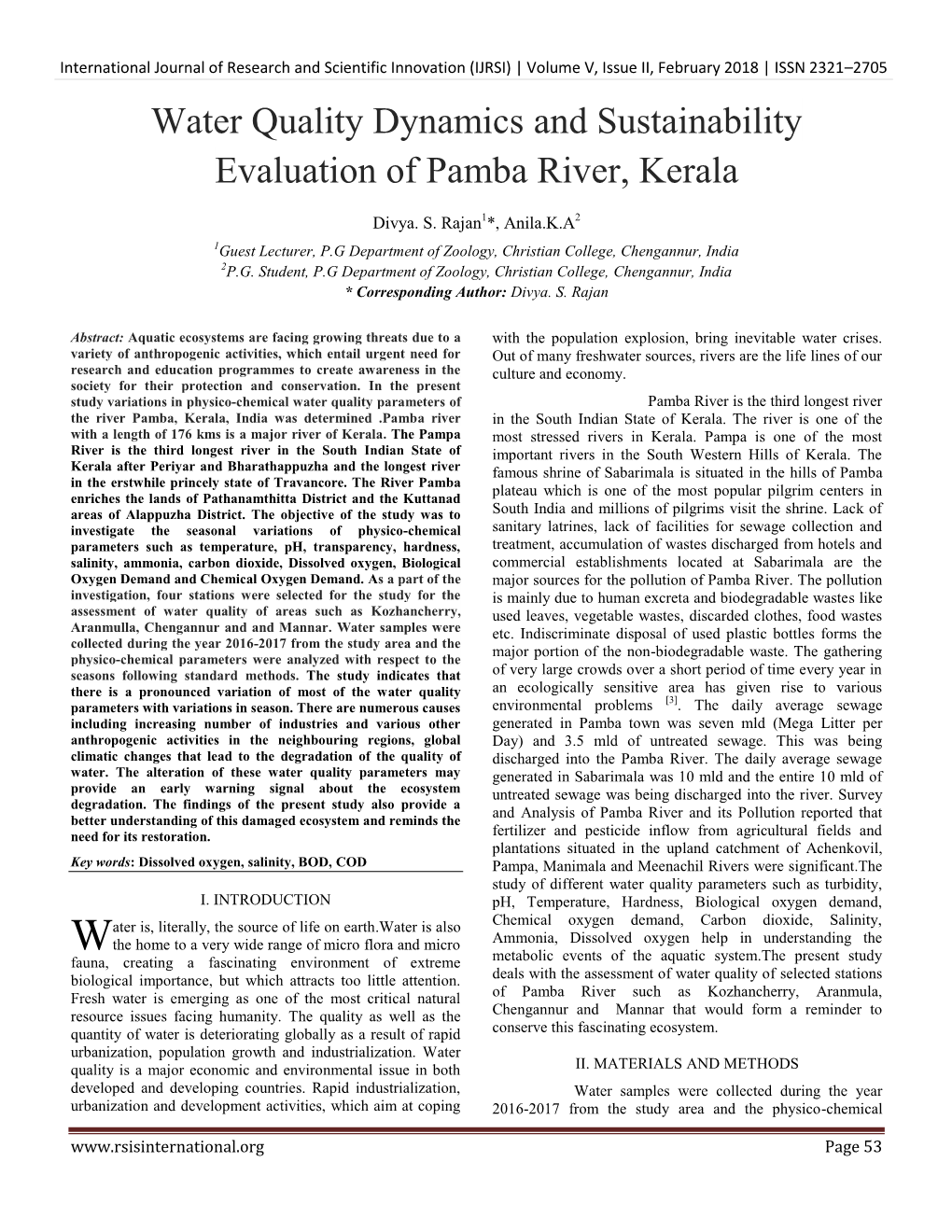 Water Quality Dynamics and Sustainability Evaluation of Pamba River, Kerala