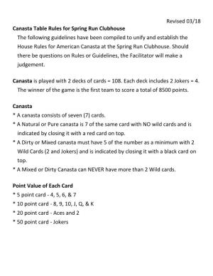 Revised 03/18 Canasta Table Rules for Spring Run Clubhouse The