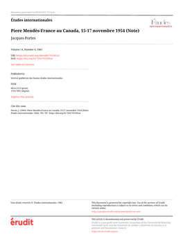 Piere Mendès-France Au Canada, 15-17 Novembre 1954 (Note) Jacques Portes
