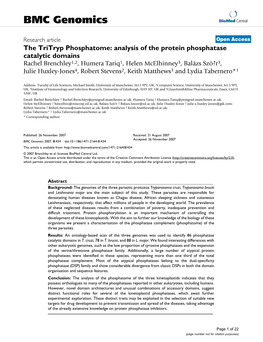 The Tritryp Phosphatome: Analysis of the Protein Phosphatase Catalytic