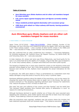Aum Shinrikyo Guru Shoko Asahara and Six Other Cult Members Hanged for Mass Murders  U.N