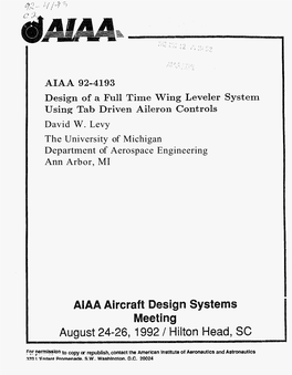 David W. Levy the University of Michigan Department of Aerospace Engineering Ann Arbor, MI