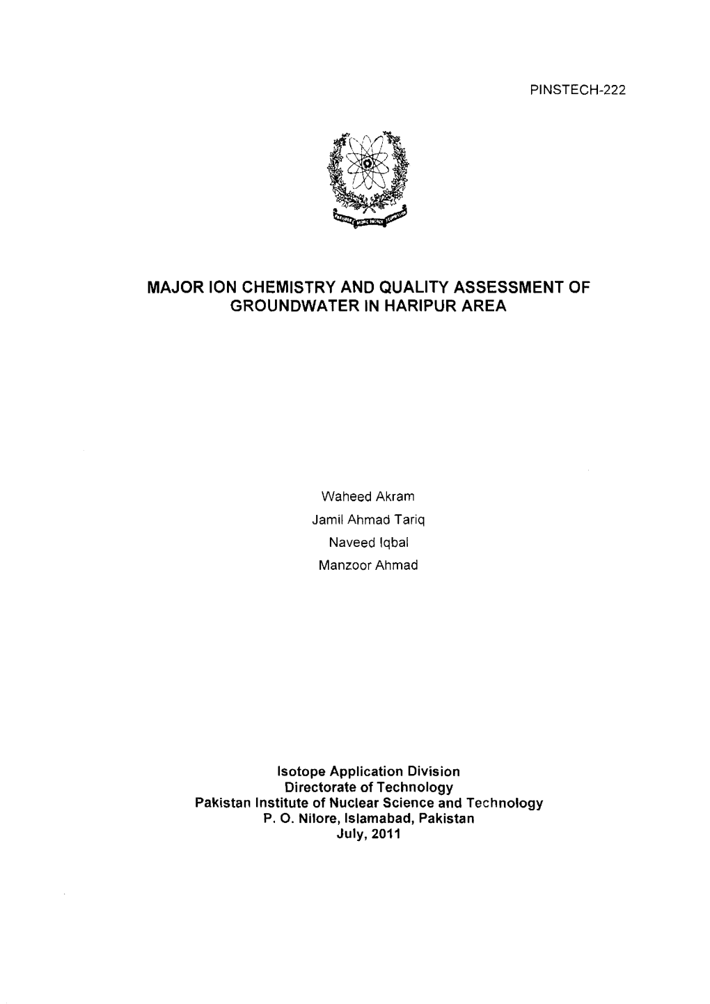 Major Ion Chemistry and Quality Assessment of Groundwater in Haripur Area