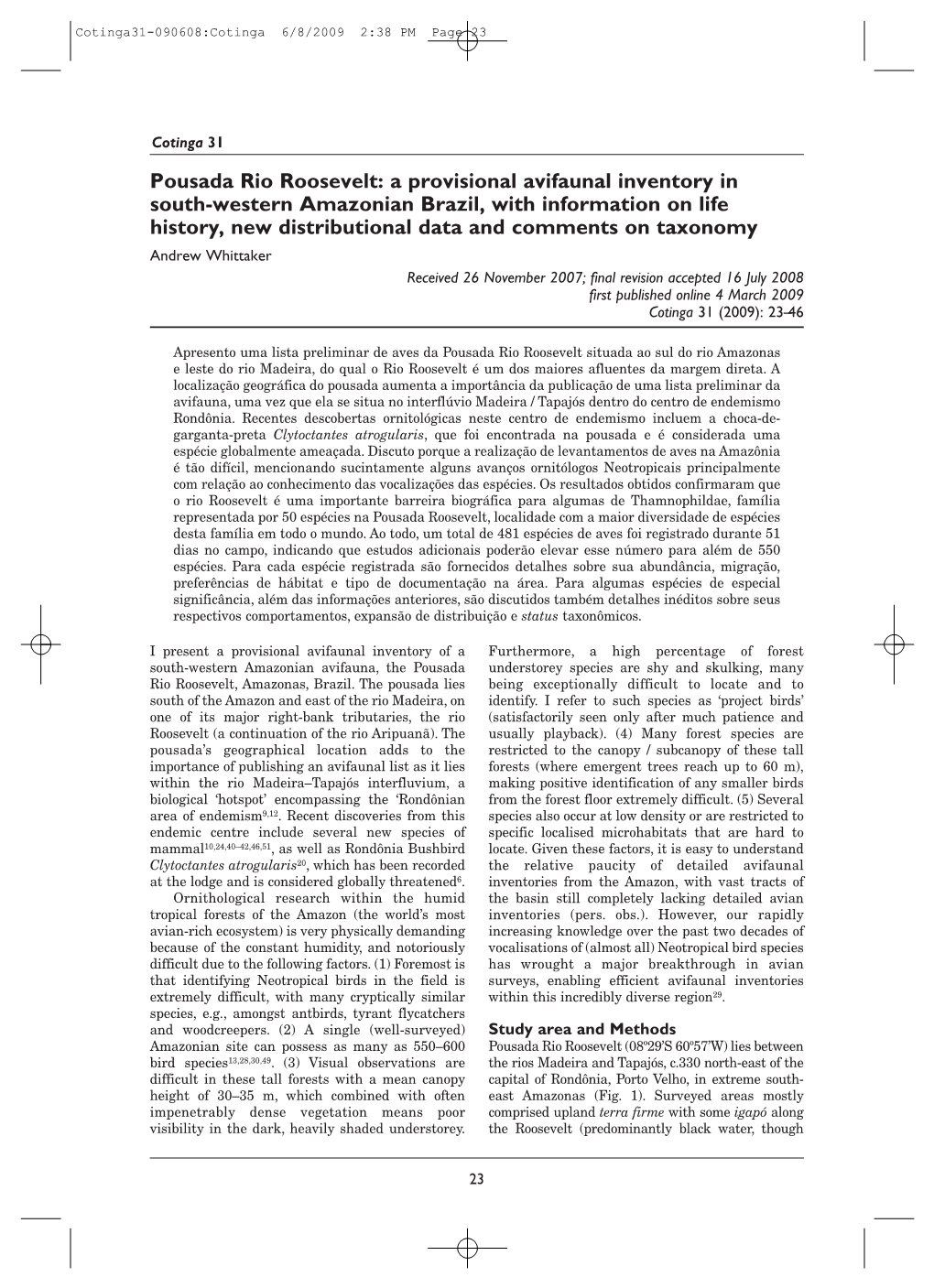 Pousada Rio Roosevelt: a Provisional Avifaunal Inventory in South