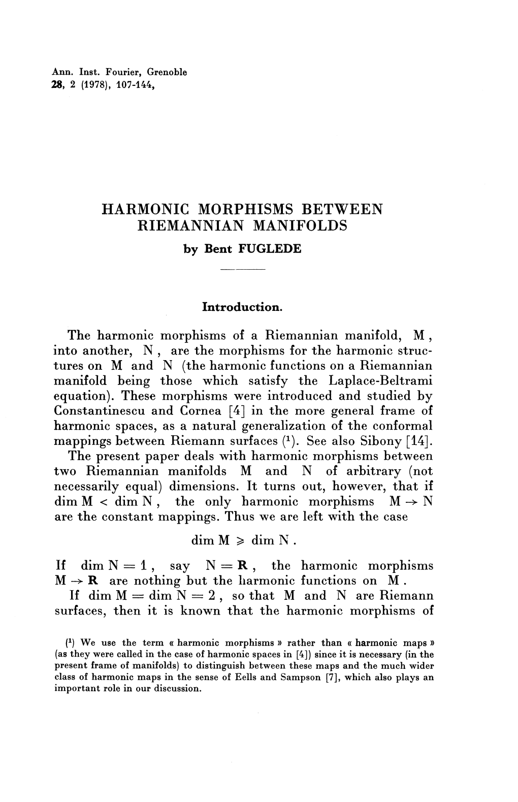 HARMONIC MORPHISMS BETWEEN RIEMANNIAN MANIFOLDS by Bent FUGLEDE