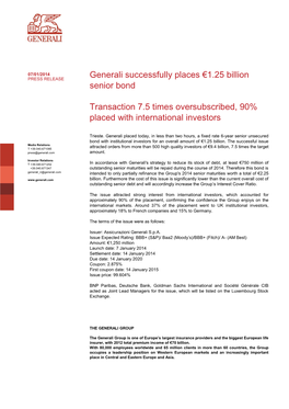 Generali Successfully Places €1.25 Billion Senior Bond Transaction 7.5