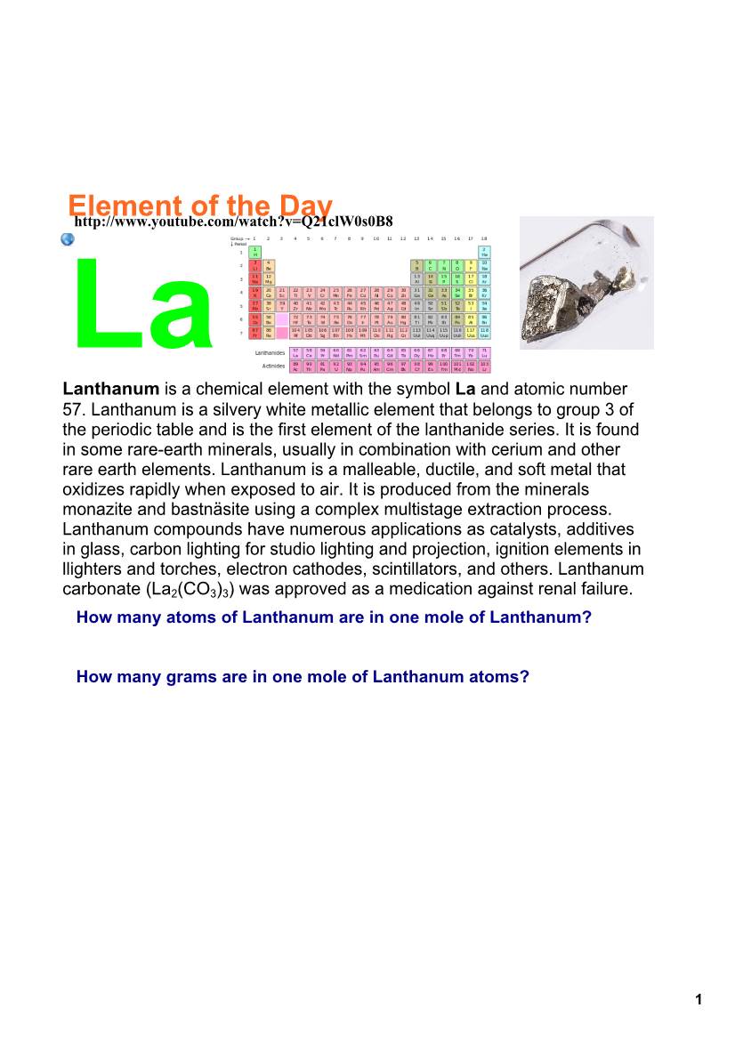 Element of the Day La Lanthanum Is a Chemical Element with the Symbol La and Atomic Number 57