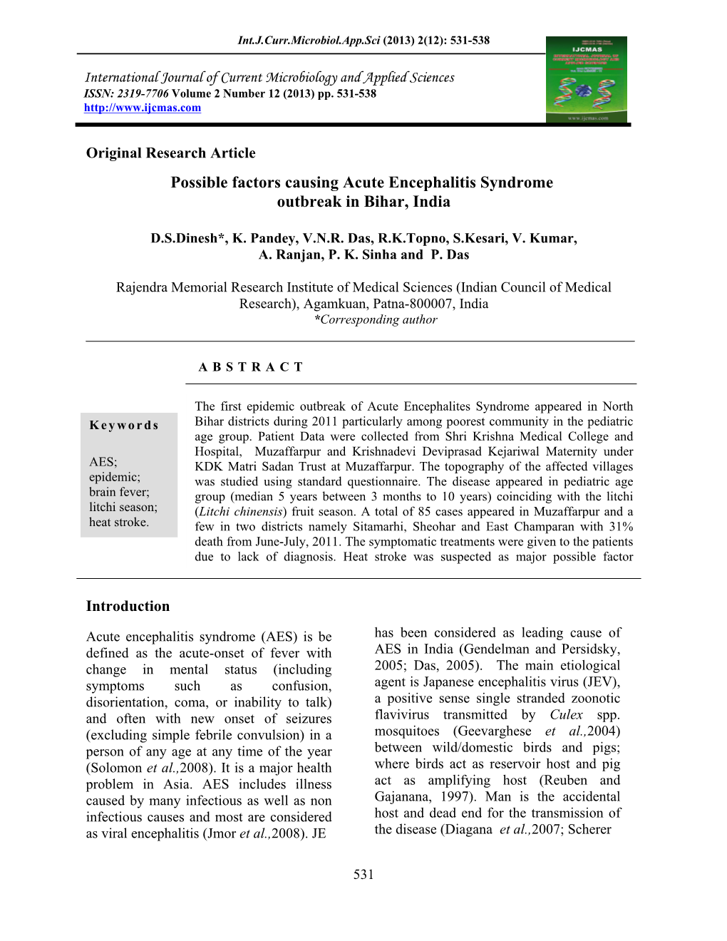 Possible Factors Causing Acute Encephalitis Syndrome Outbreak in Bihar, India