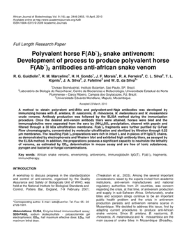 Polyvalent Horse F(Ab`)2 Snake Antivenom: Development of Process to Produce Polyvalent Horse F(Ab`)2 Antibodies Anti-African Snake Venom
