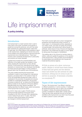 A Policy Briefing on Life Imprisonment POLICY BRIEFING