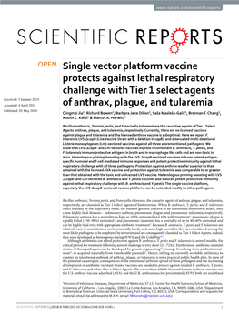 Single Vector Platform Vaccine Protects Against Lethal Respiratory Challenge with Tier 1 Select Agents of Anthrax, Plague, and T