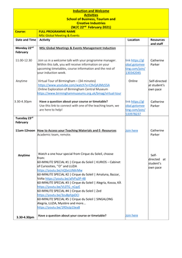 Induction and Welcome Activities School of Business, Tourism And