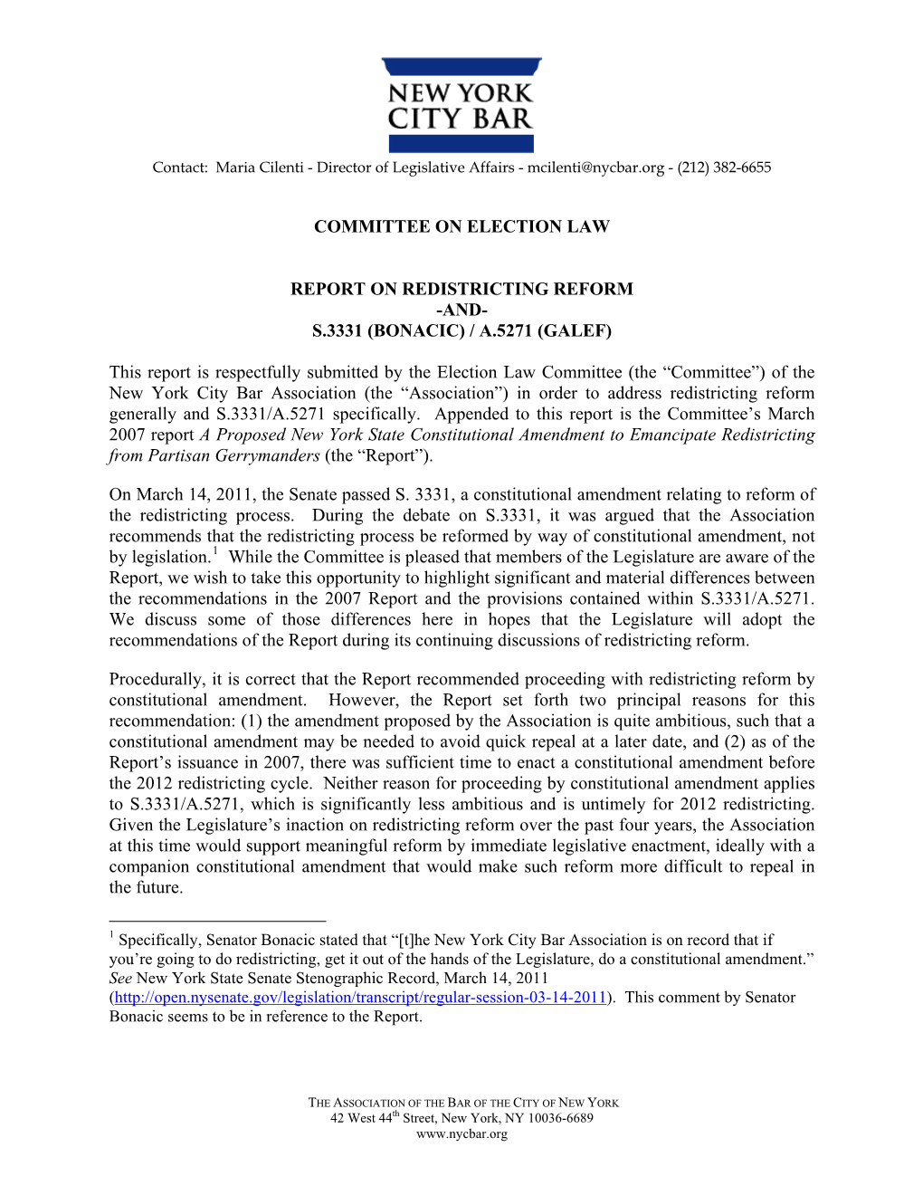 Committee on Election Law Report on Redistricting