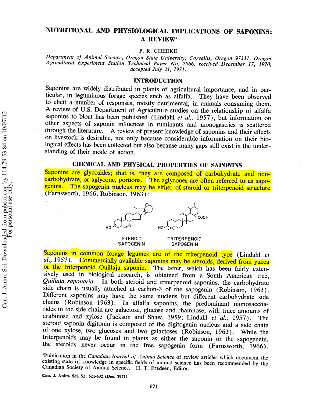 NUTRITIONAL and PHYSIOLOGICAL IMPLICATIONS of SAPONINS: a Revievtr