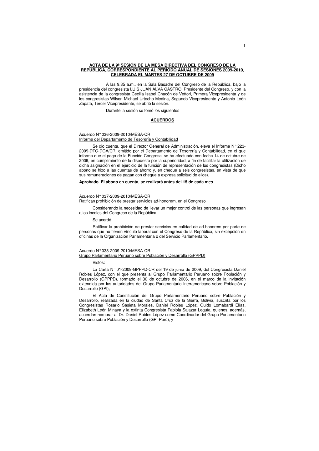 Acta De La 9ª Sesión De La Mesa Directiva Del Congreso De