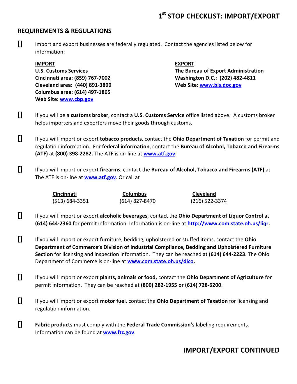 1St STOP CHECKLIST: IMPORT/EXPORT