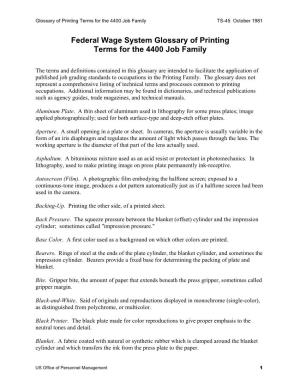 Federal Wage System Glossary of Printing Terms for the 4400 Job Family